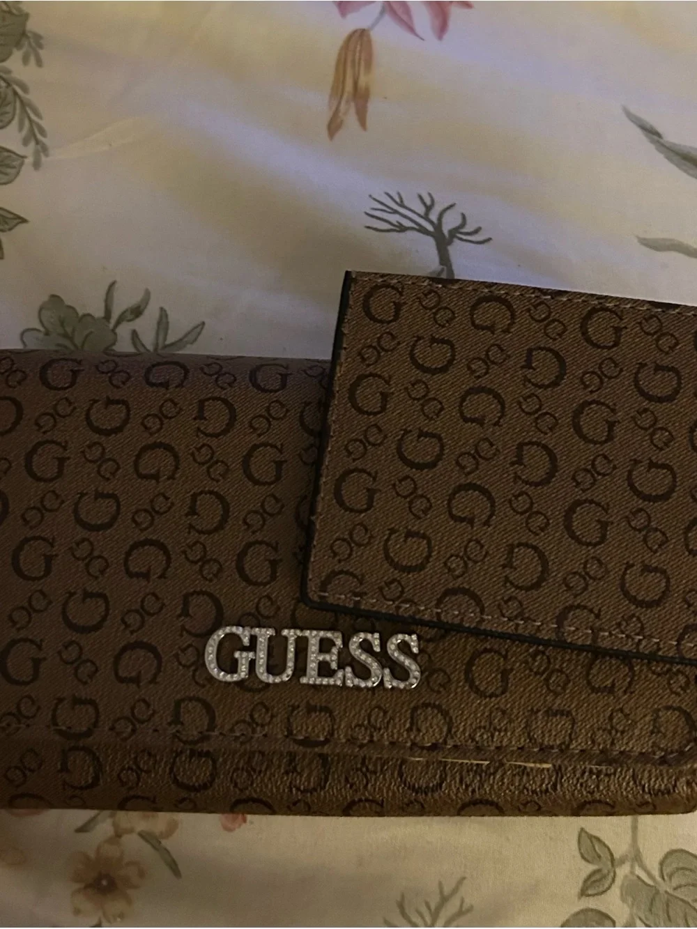 Guess Brown Monogram Wallet and Card Holder Set with Logo Hardware